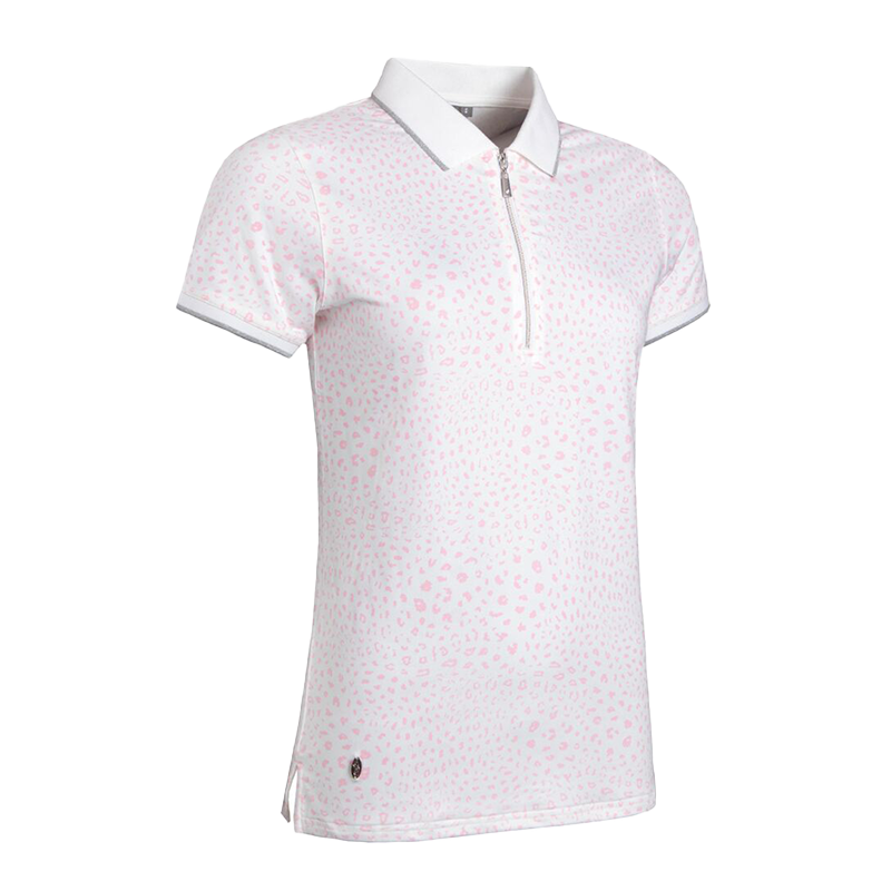 Amelia Ladies Zip Neck Animal Print Performance Golf Polo Shirt - White Candy