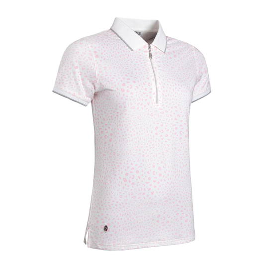 Amelia Ladies Zip Neck Animal Print Performance Golf Polo Shirt - White Candy